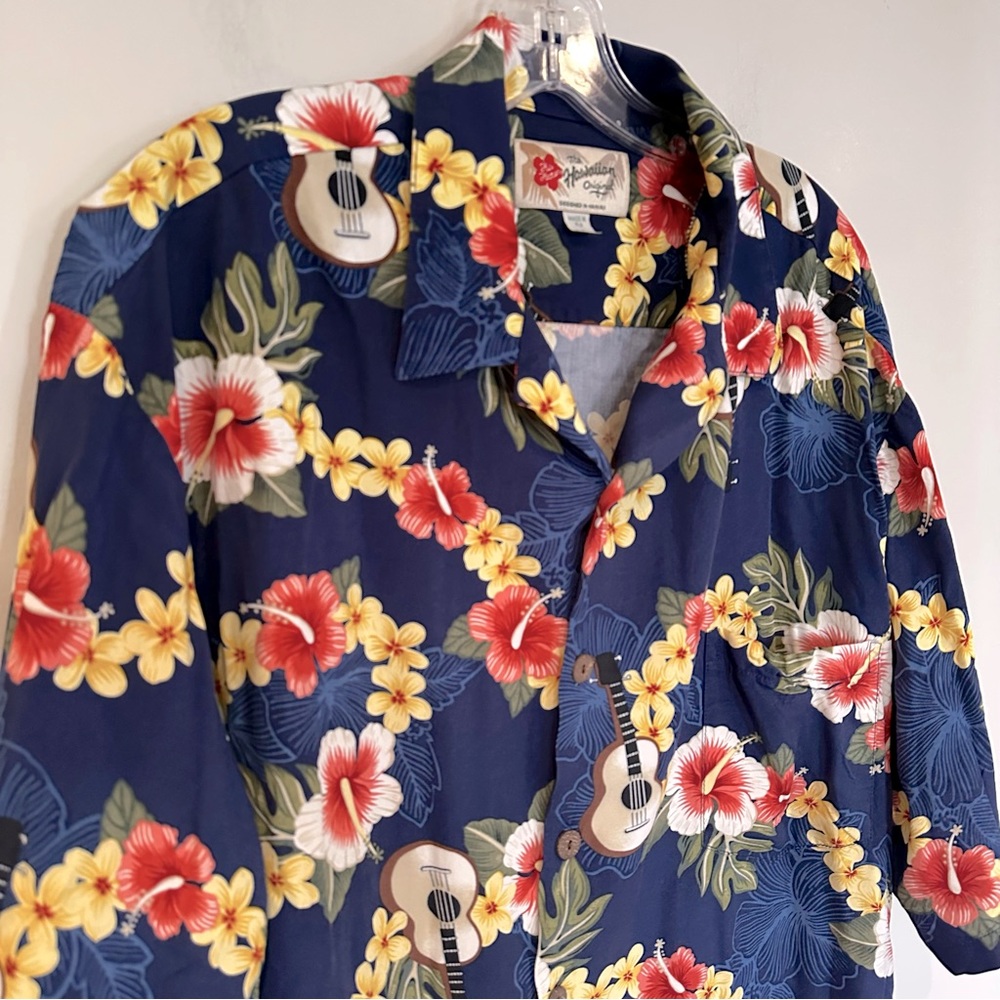 Hilo Hattie Floral Ukulele Rayon Hawaiian Shirt Men's XL Blue Red Vintage